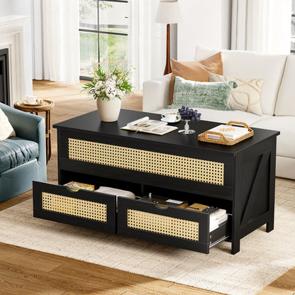 DOVEAID Lift Top Coffee Table with 2 Drawers, Wooden Coffee Table with Storage Cabinet and Hidden Compartments for Living Room, Black, Rattan