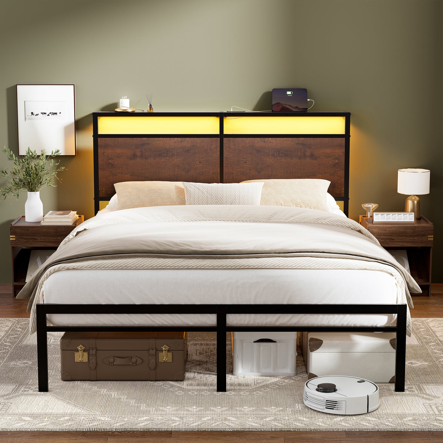 GUNAITO Queen Size Bed Frame with Wooden Headboard Metal Platform Bed Frame with LED Lights Charging Station Rustic Brown