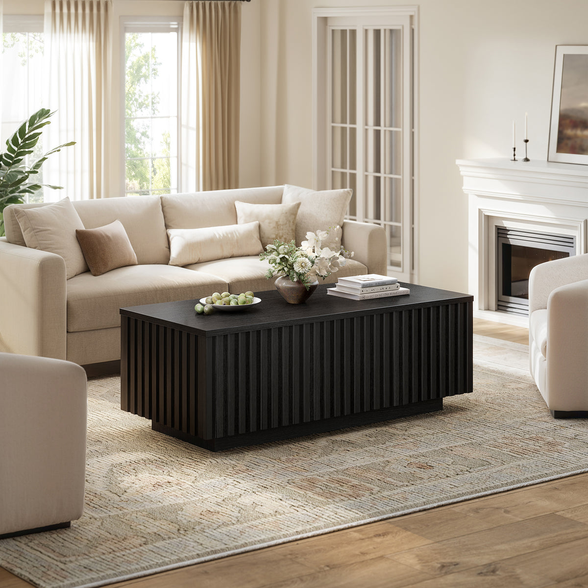 GUNAITO Lift Top Coffee Table with Big Storage, Fluted Rectangle Centre Table for Living Room, Wooden Coffee Table and modern Farmhouse, Black