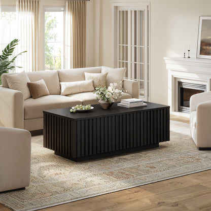 GUNAITO Lift Top Coffee Table with Big Storage, Fluted Rectangle Centre Table for Living Room, Wooden Coffee Table and modern Farmhouse, Black
