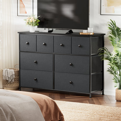 GUNAITO 8 Drawer Dresser, Chest of Drawers for Bedroom, Fabric Drawer for Kids and Adult, Steel Frame and Wooden Top Black Grey