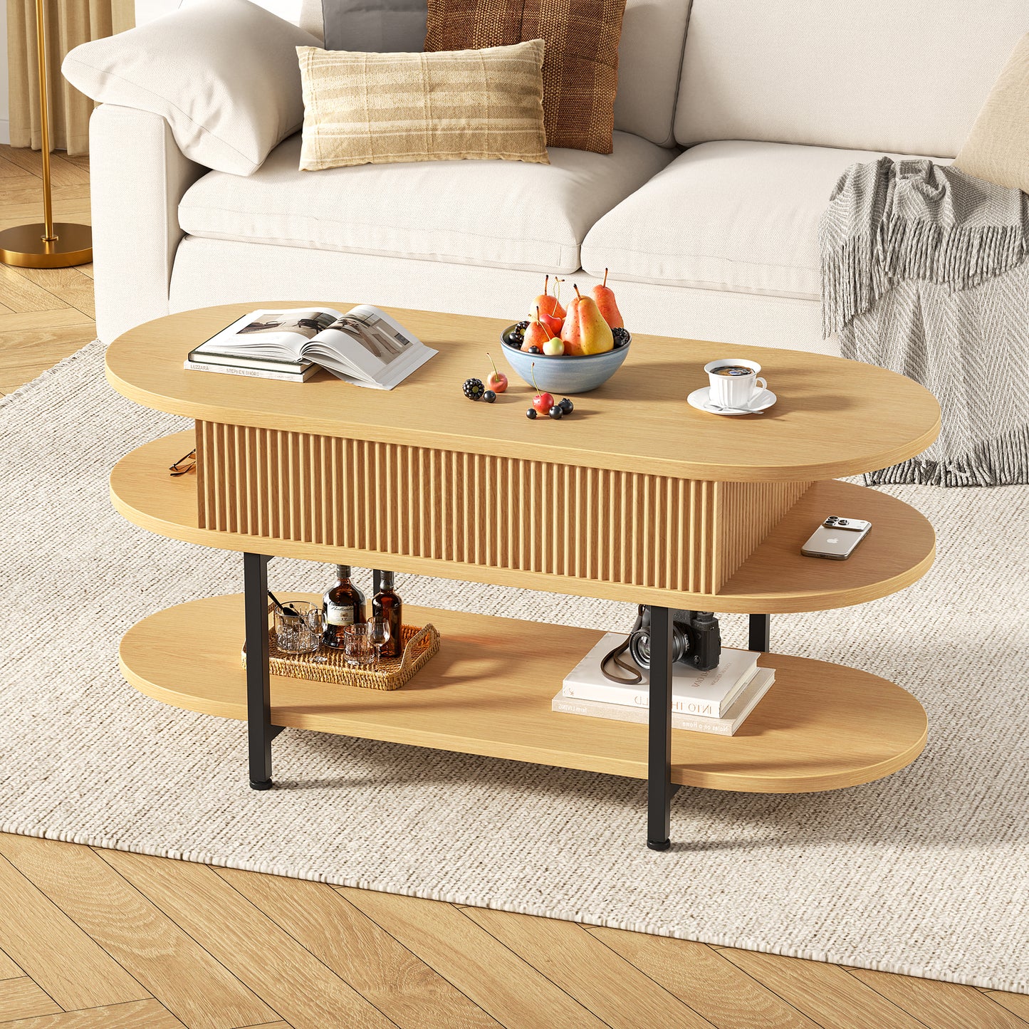 GUNAITO Lift Top Coffee Table with Storage, Modern Farmhouse Center Table with Shelf 2 Tier for Living Room, Natural