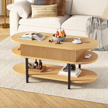 GUNAITO Lift Top Coffee Table with Storage, Modern Farmhouse Center Table with Shelf 2 Tier for Living Room, Natural