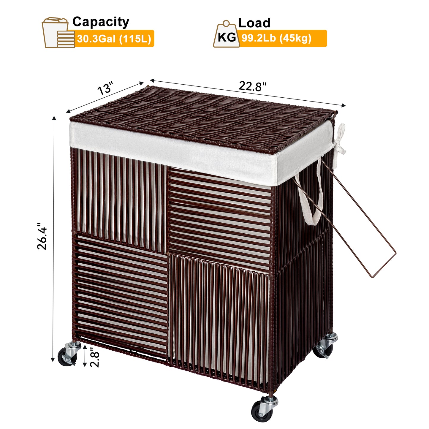 GUNAITO 115L Laundry Hamper with Lid and Wheels Handwoven Rattan Laundry Basket Rolling Clothes Hamper with Divided Liner Bag (Mocha Brown)