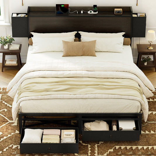 GUNAITO Full Size Platform Bed Frame with 2 Drawer and Storage Headboard