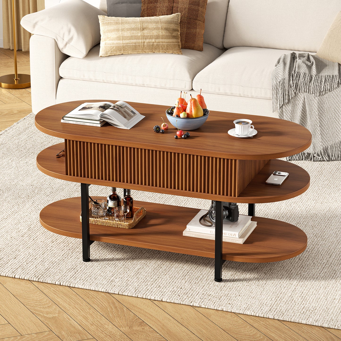 GUNAITO Lift Top Coffee Table with Storage, Modern Farmhouse Center Table with Shelf 2 Tier for Living Room, Walnut