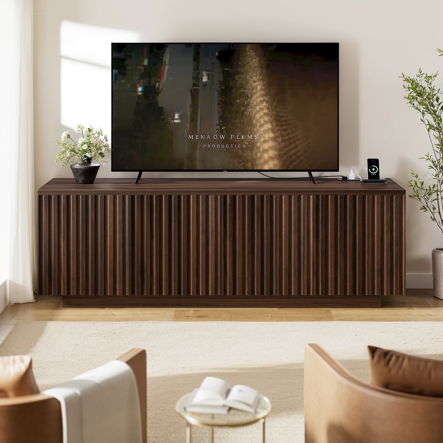 GUNAITO Fluted TV Stand for TVs up to 70", Home Entertainment Center with Storage for Living Room, Walnut