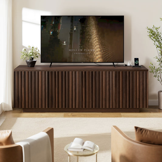 GUNAITO Fluted TV Stand for TVs up to 70", Home Entertainment Center with Storage for Living Room, Walnut
