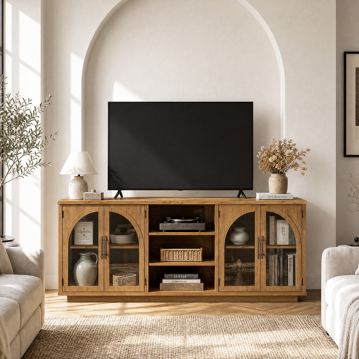 GUNAITO TV Stand for TVs up to 70", Modern entertainment center with storage functionality, Glass Door TV Stand for living room, Oak