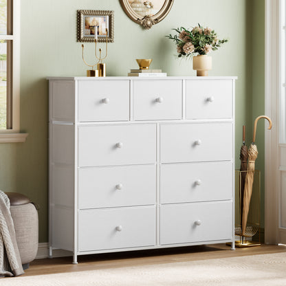 GUNAITO 9 Drawers Dresser, Chest of Drawers Fabric Dressers with Leather Finish for Adult Dressers for Bedroom White