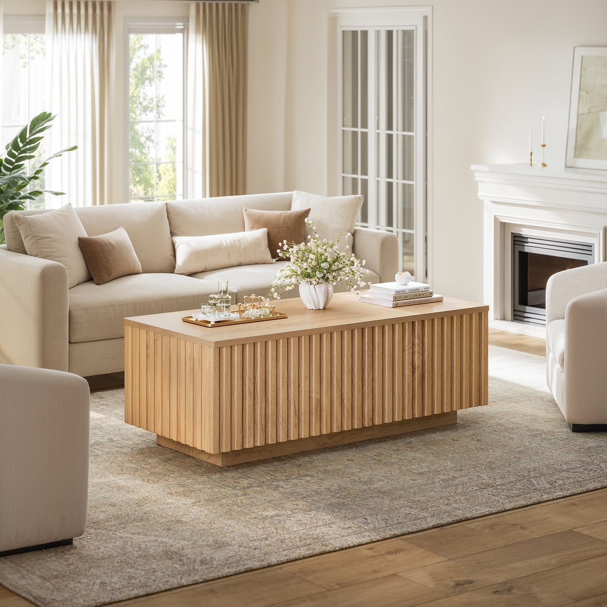 GUNAITO Lift Top Coffee Table with Big Storage, Fluted Rectangle Centre Table for Living Room, Wooden Coffee Table and modern Farmhouse, Natural wood