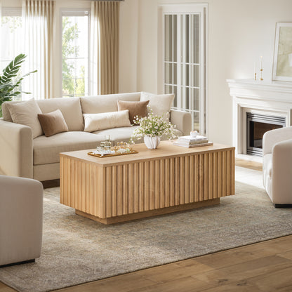 GUNAITO Lift Top Coffee Table with Big Storage, Fluted Rectangle Centre Table for Living Room, Wooden Coffee Table and modern Farmhouse, Natural wood