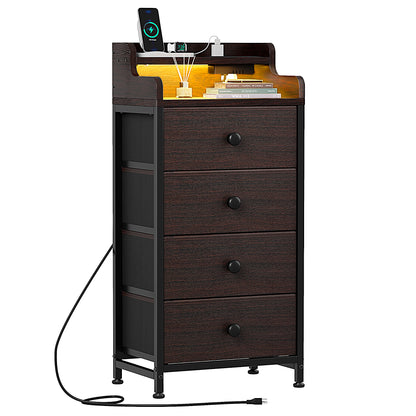 GUNAITO 4 Drawer Dresser for Bedroom with Charging Station and LED Lights, Brown Chest of Drawers with Shelves, Tall Night Stand with Sturdy Steel Frame & Wood Top for Bedroom - Dark Brown