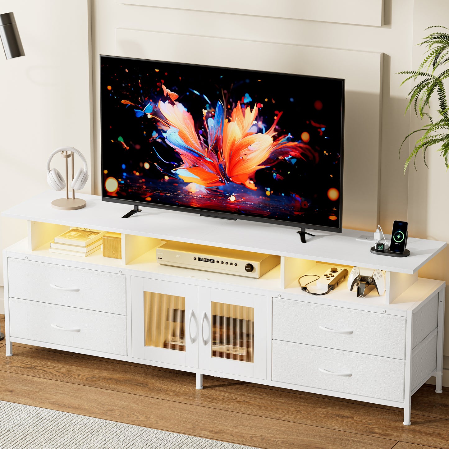 GUNAITO TV Stand for TV up to 75", Big TV Stand for Living Room Entertainment Center with LED Lights and Storage , White