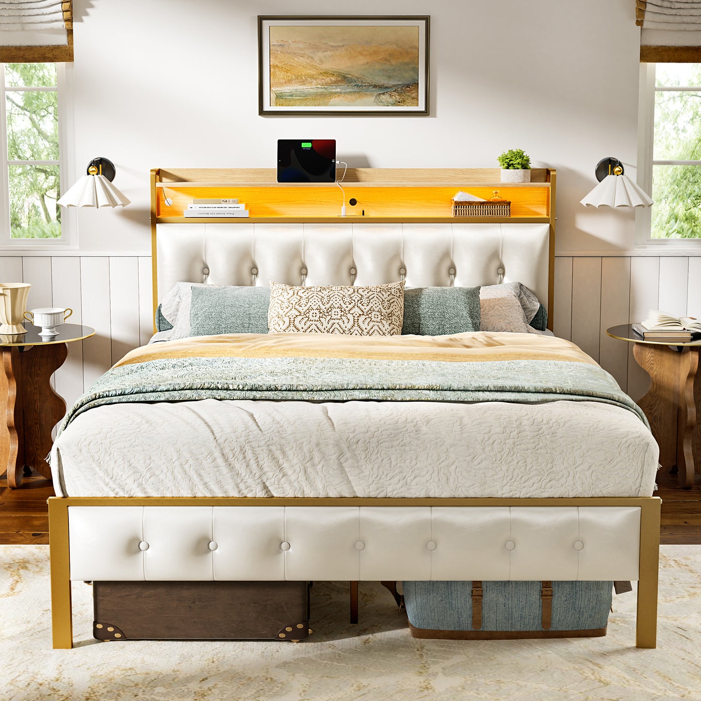 GUNAITO Queen Bed Frame with Storage Headboard Upholstered Platform Bed with LED Lights USB Ports & Outlets White