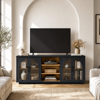 GUNAITO TV Stand for TVs up to 70", Modern entertainment center with storage functionality, Glass Door TV Stand for living room, Black