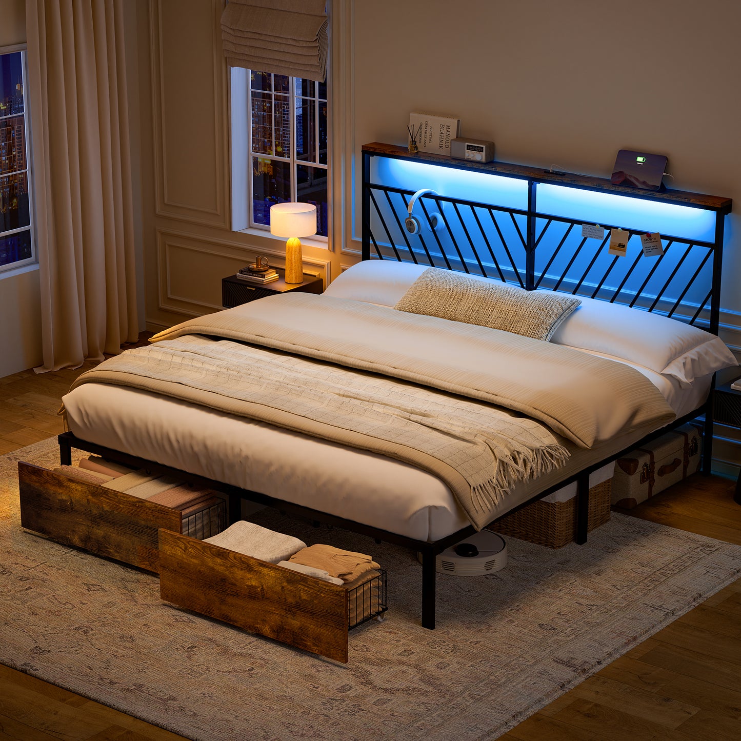 GUNAITO King Bed Frame with 48.8 " High Storage Headboard and 2 Drawers, Metal Platform Bed with LED & Charging Station, Rustic Brown