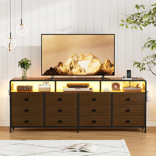 GUNAITO TV Stand for TVs up to 75", Big TV Stand with 12 Fabric Drawers and LED Lights, Entertainment Center with Storage and Shelves for Living Room, Dark Brown