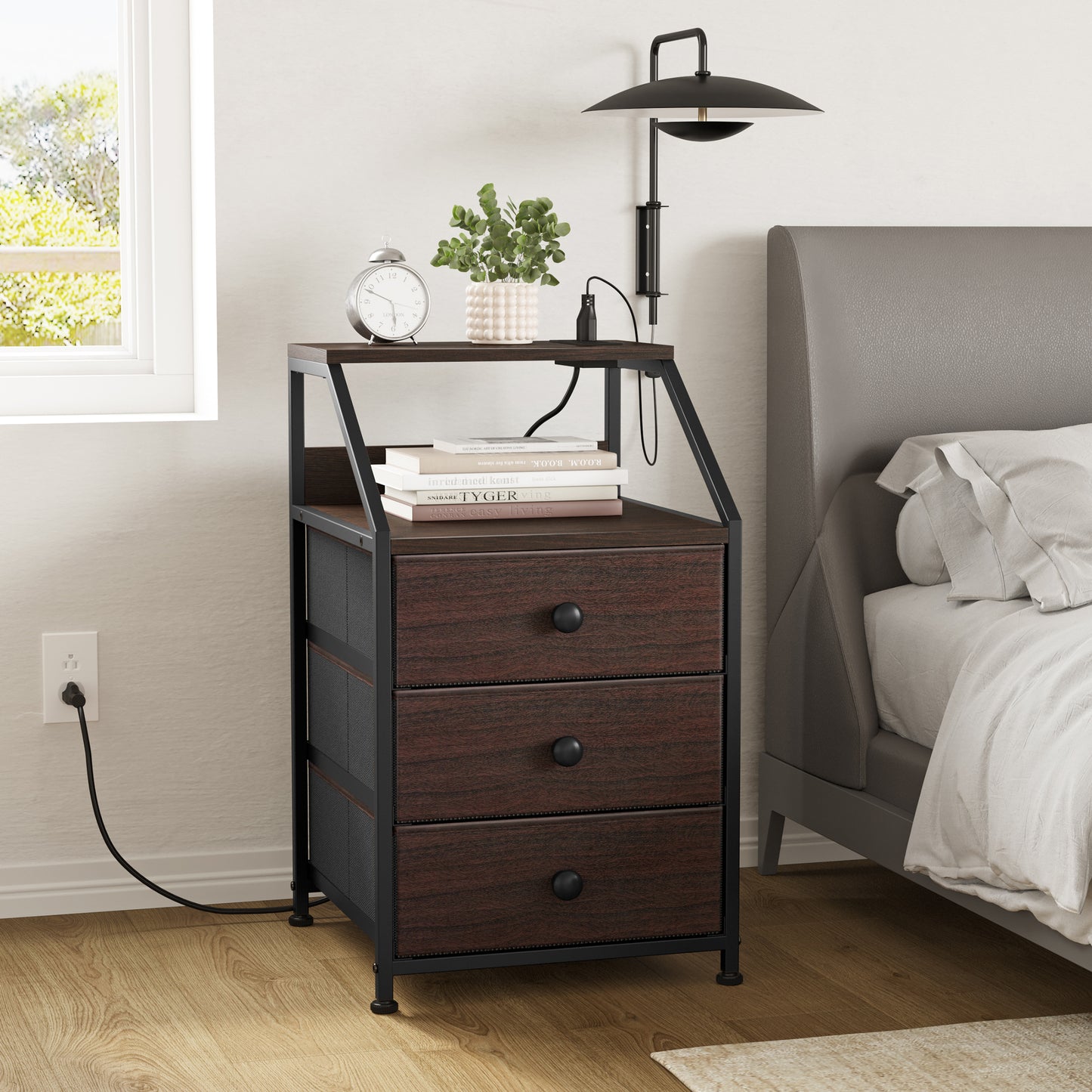 GUNAITO Nightstand with Charging Station, Bedside Tables with 3 Fabric Drawers and 2-Tie Storage Shelves for Bedroom- Brown