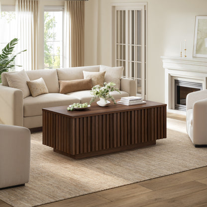 GUNAITO Lift Top Coffee Table with Big Storage, Fluted Rectangle Centre Table for Living Room, Wooden Coffee Table and modern Farmhouse, Walnut