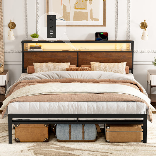 GUNAITO King Size Bed Frame with Wooden Headboard Metal Platform Bed Frame with LED Lights Charging Station Rustic Brown