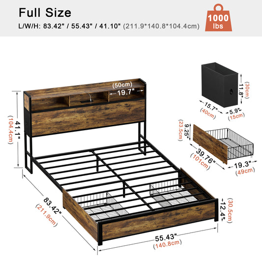 GUNAITO Full Bed Frame with 2 Drawers Headboard Platform LED Bed Frame with 2 Storage Drawers USB Ports & Outlets Gray