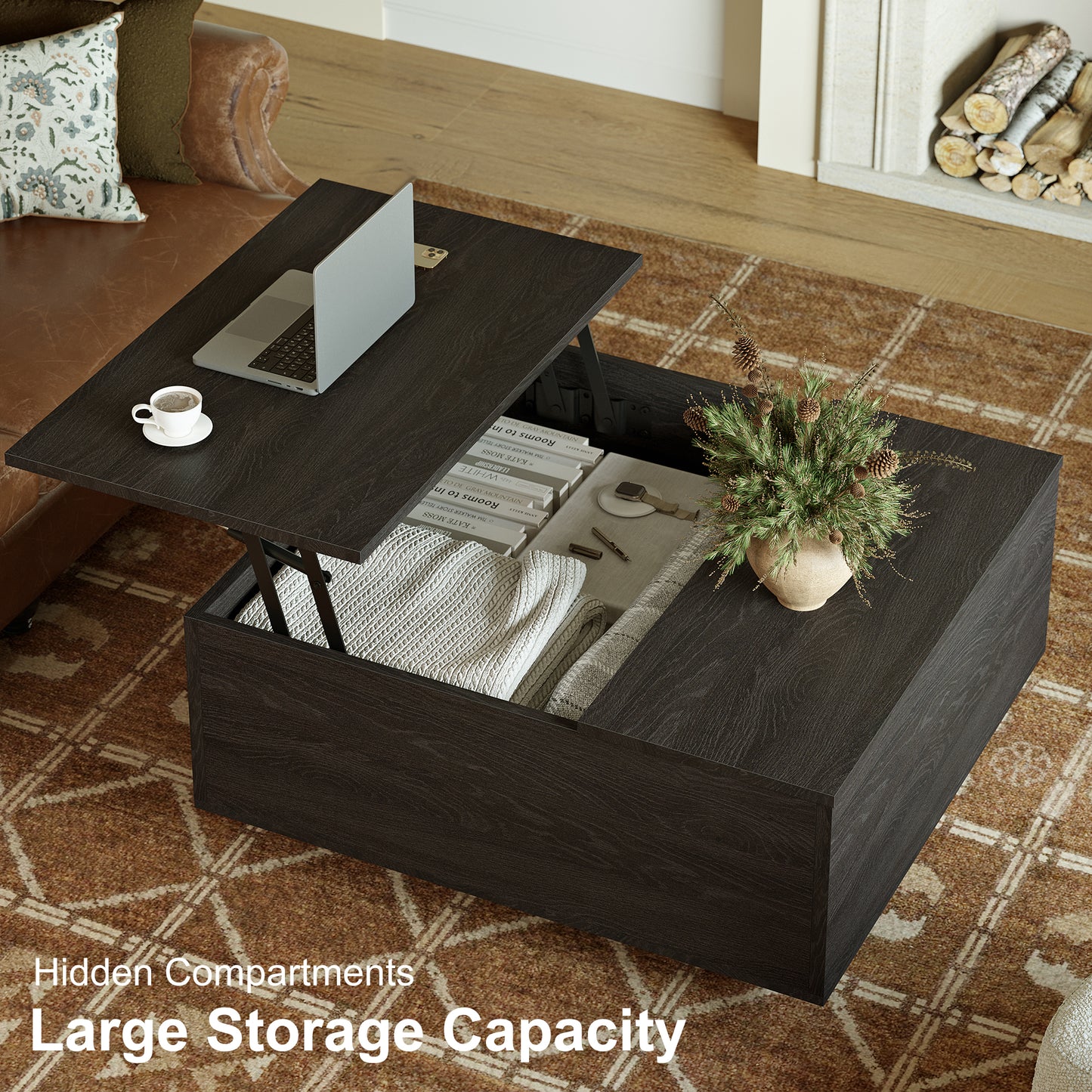 GUNAITO Lift Top Coffee Table with Storage, Square coffee table and modern Farmhouse Center Table for Living Room, Espresso Black