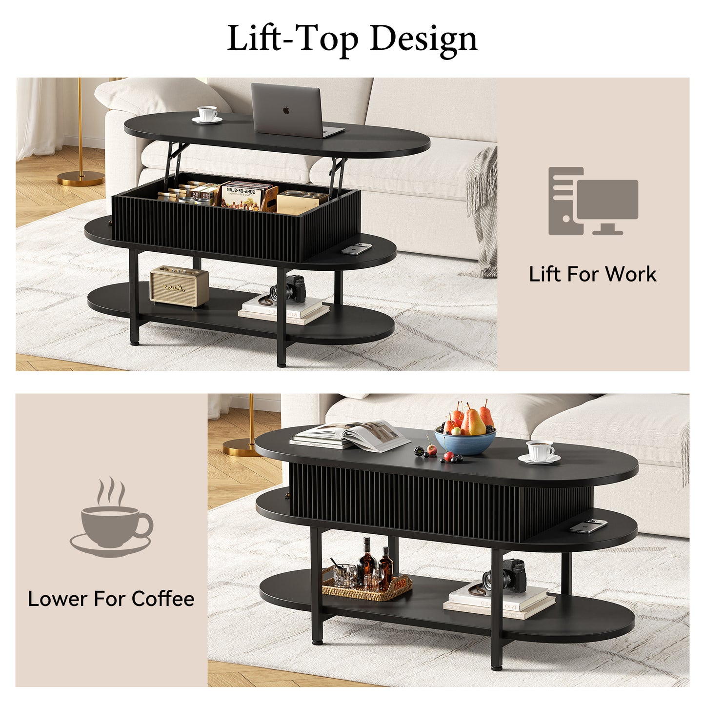 GUNAITO Lift Top Coffee Table with Storage, Modern Farmhouse Center Table with Shelf 2 Tier for Living Room, Black