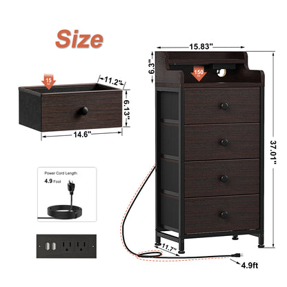 GUNAITO 4 Drawer Dresser for Bedroom with Charging Station and LED Lights, Brown Chest of Drawers with Shelves, Tall Night Stand with Sturdy Steel Frame & Wood Top for Bedroom - Dark Brown