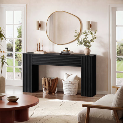 GUNAITO Farmhouse Console Table, 61" Fluted Long Sofa Table Behind Couch with Storage for Entryway, Black