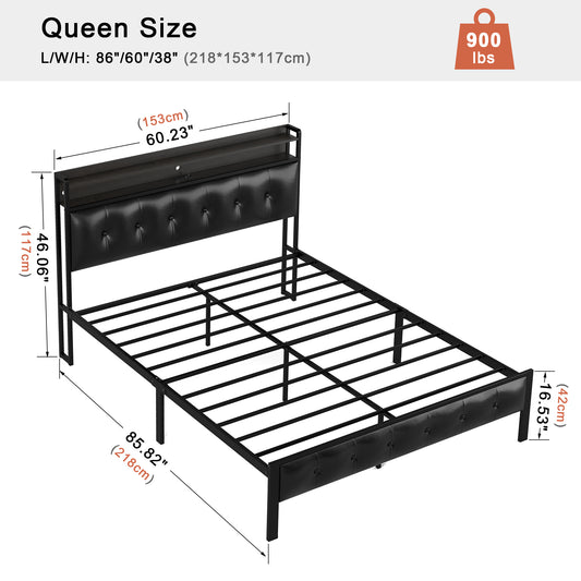 GUNAITO Queen Bed Frame with Storage Headboard Upholstered Platform Bed with LED Lights and Power Charging Station, Black