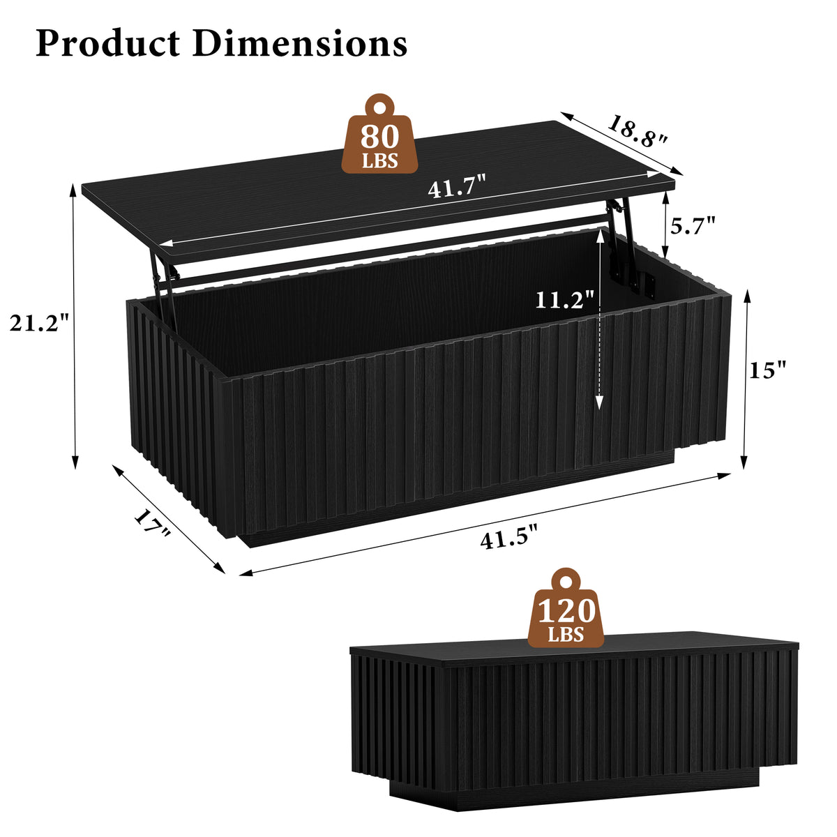 GUNAITO Lift Top Coffee Table with Big Storage, Fluted Rectangle Centre Table for Living Room, Wooden Coffee Table and modern Farmhouse, Black
