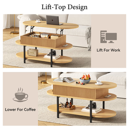 GUNAITO Lift Top Coffee Table with Storage, Modern Farmhouse Center Table with Shelf 2 Tier for Living Room, Natural
