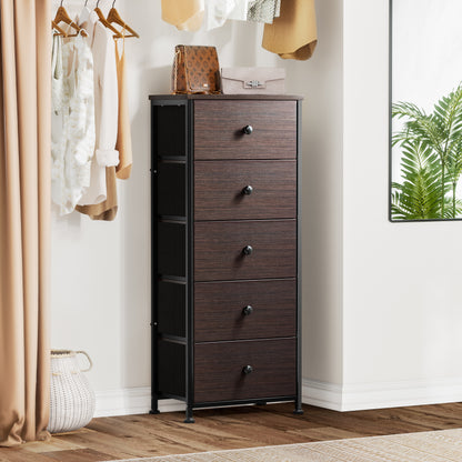 GUNAITO Dressers for Bedroom 5 Drawers Tall Dresser for Bedroom Faux Leather Chest of Drawers Wooden Top Fabric Drawer Rustic Brown RZP5R1