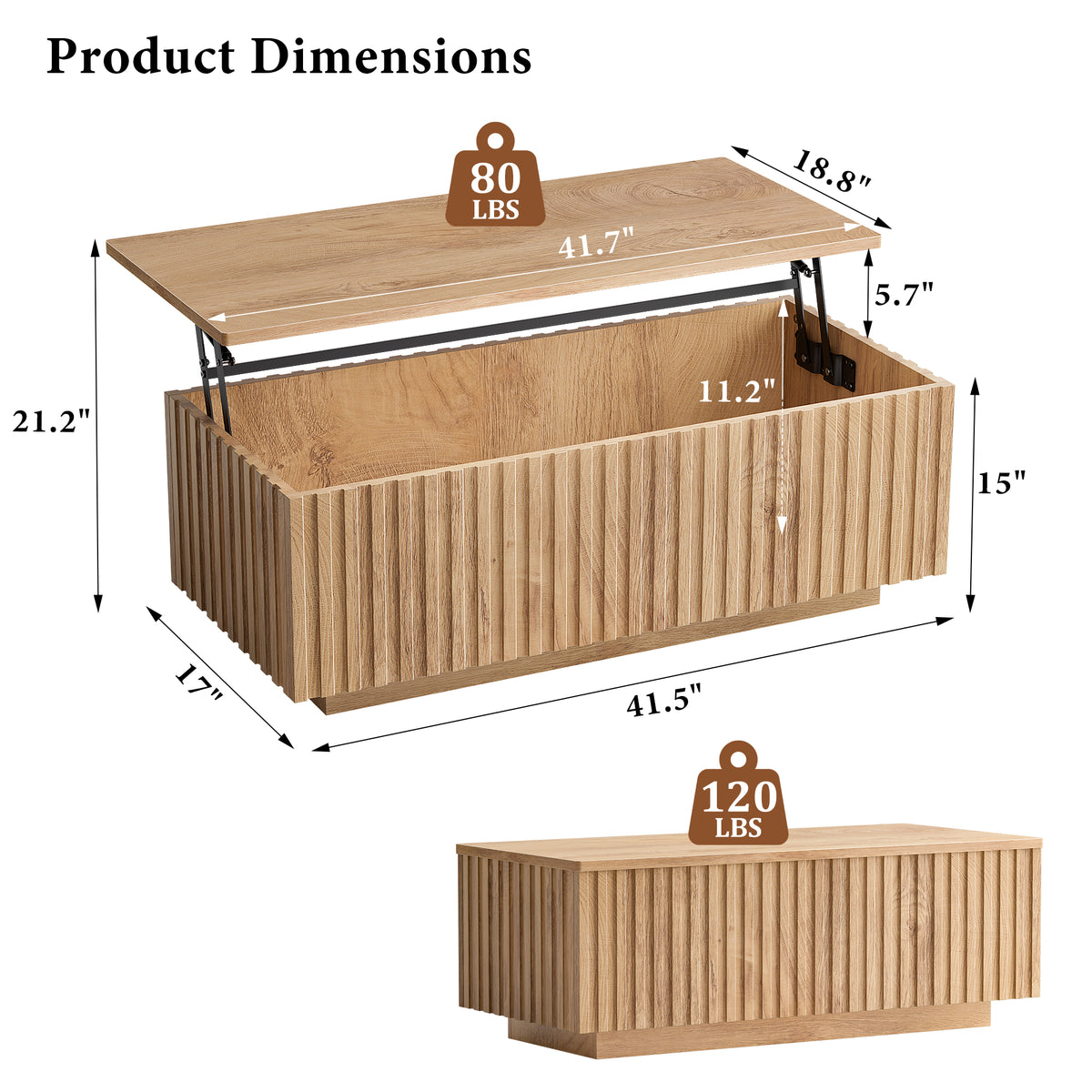 GUNAITO Lift Top Coffee Table with Big Storage, Fluted Rectangle Centre Table for Living Room, Wooden Coffee Table and modern Farmhouse, Natural wood