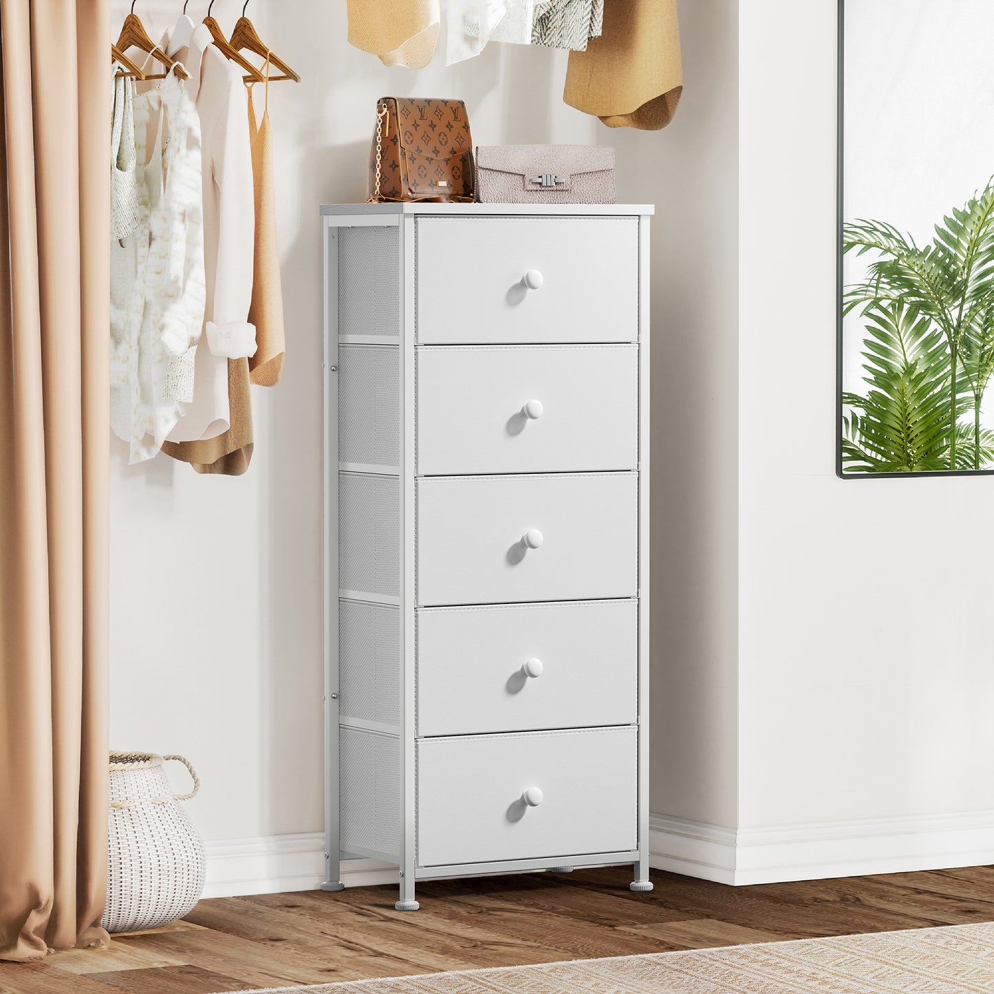 GUNAITO 5 Drawer Dresser for Bedroom Vertical Chest Sturdy Steel Frame Tall Dresser Wooden Top Fabric Bins White