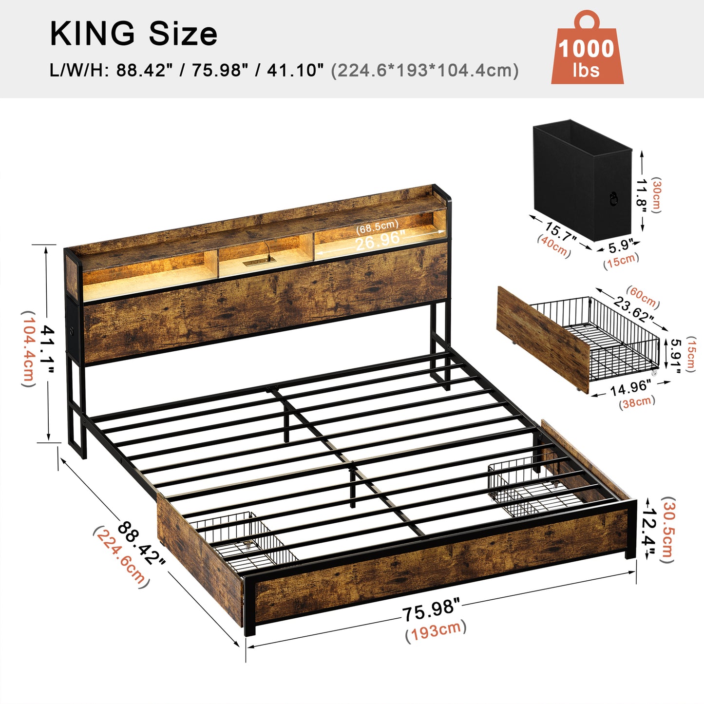 GUNAITO King Bed Frame with Storage