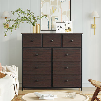 GUNAITO 9 Drawers Dresser, Chest of Drawers Fabric Dressers with Leather Finish for Adult Dressers for Bedroom Brown