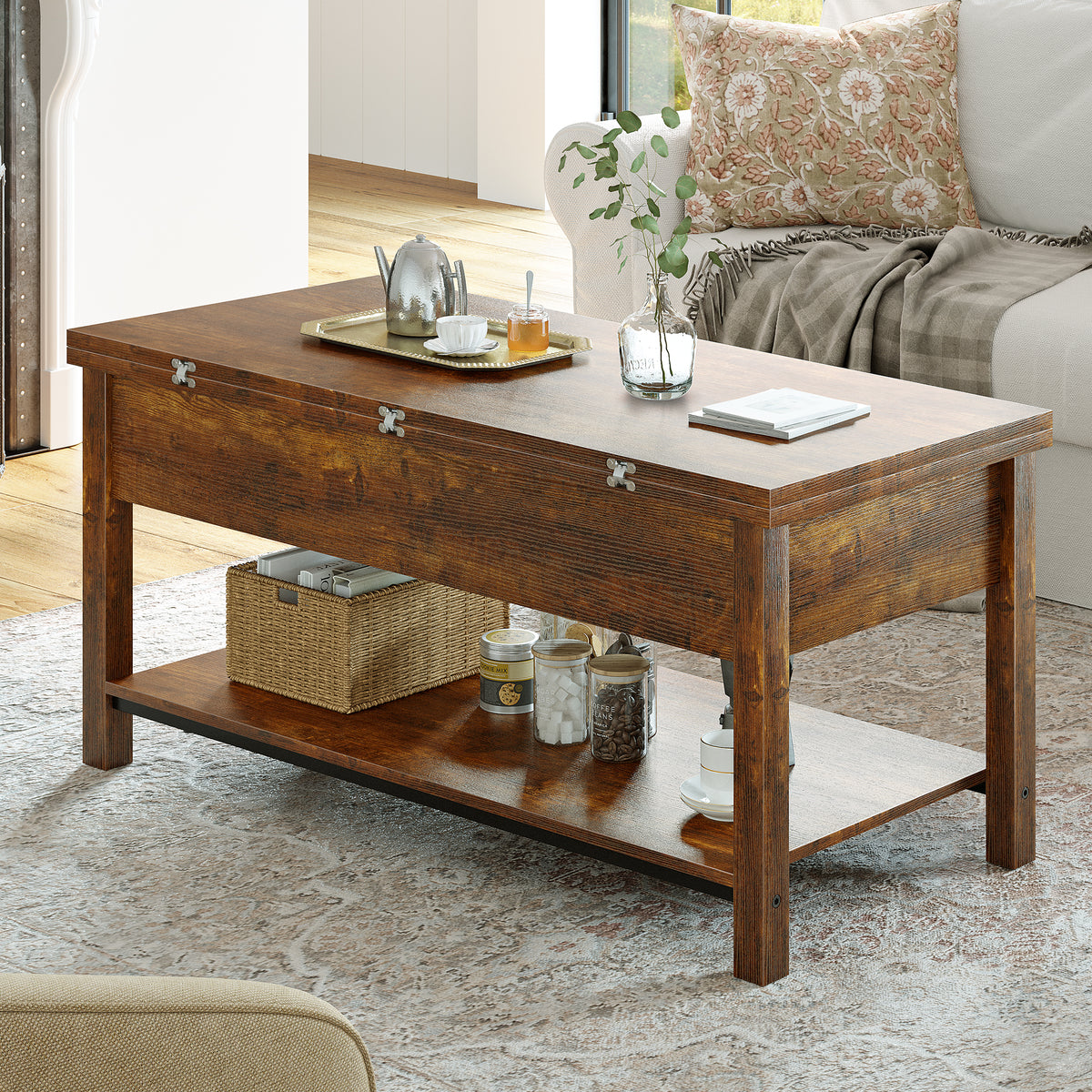REAHOME 41.73"Lift Top Coffee Table 4 in 1 Multi-Function Convertible Coffee Table with Hidden Storage Framhouse Coffee Table for Living Room Rustic Brown