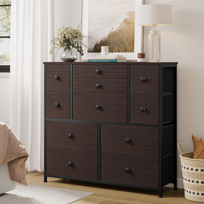 GUNAITO 11 Fabric Drawers Dresser Chest of Drawers for Bedroom Faux Leather Rustic Brown Finish with Wood Top Sturdy Steel Frame