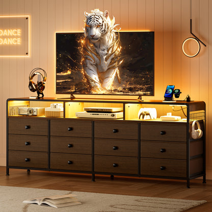 GUNAITO TV Stand for TVs up to 75", Big TV Stand with 12 Fabric Drawers and LED Lights, Entertainment Center with Storage and Shelves for Living Room, Dark Brown