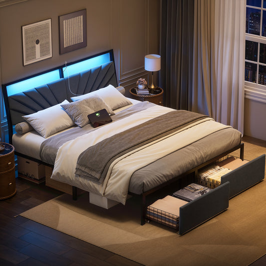 REAHOME Full Bed Frame with Ergonomic Tilted Upholstered Headboard, Platform Bed with 2 Drawers, Metal Bed with Charging Station and LED, Dark Gray