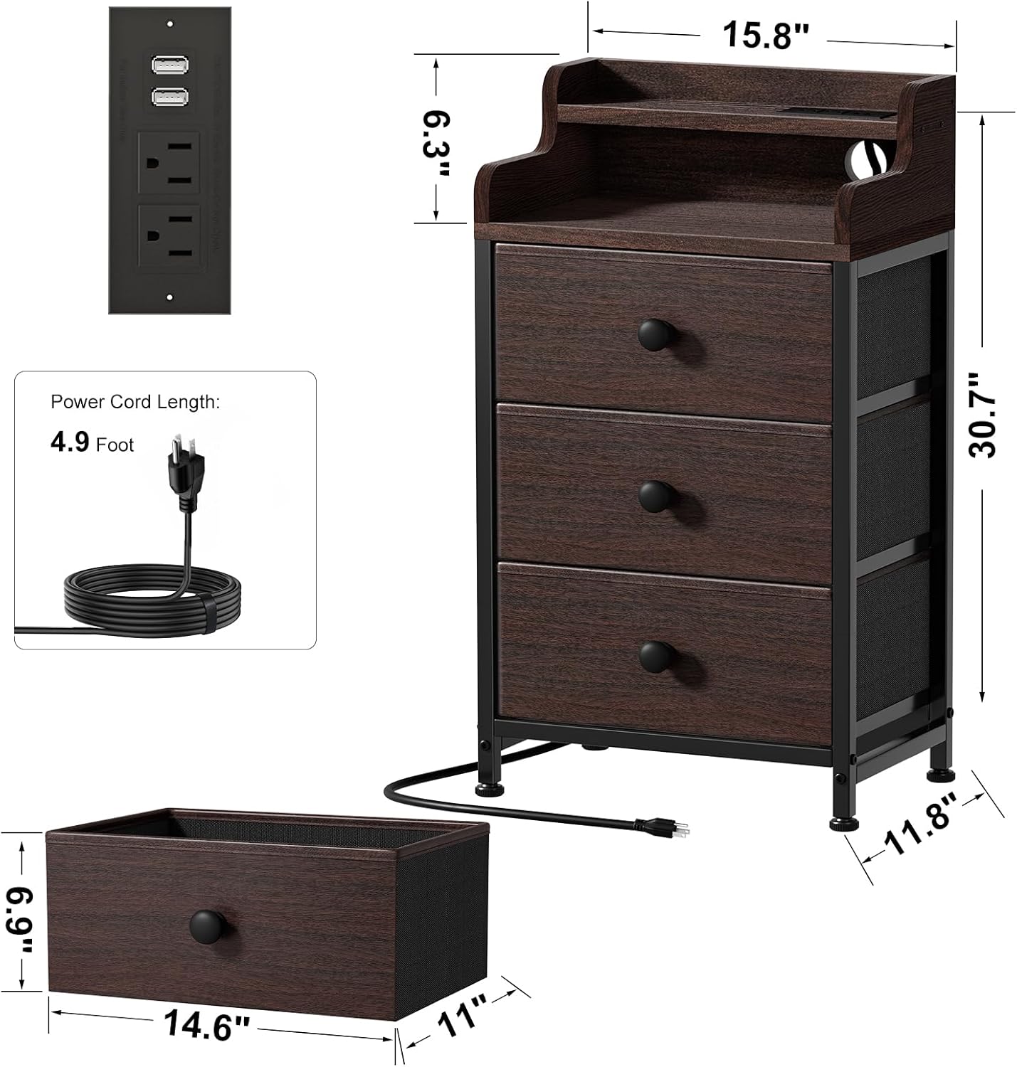 GUNAITO Nightstand with Charing Station & USB Ports End Table Modern End Table for Bedroom Living Room Rustic Brown