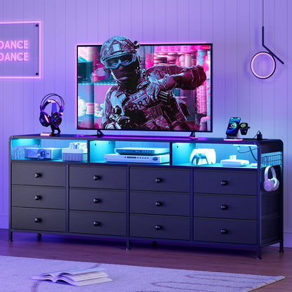 GUNAITO TV Stand for TVs up to 75", Big TV Stand with 12 Fabric Drawers and LED Lights, Entertainment Center with Storage and Shelves for Living Room, Black