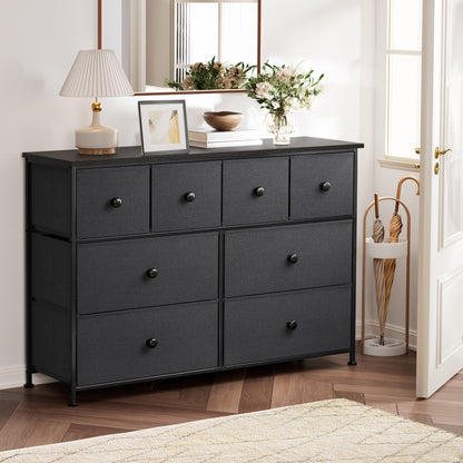 GUNAITO 8 Drawer Dresser, Chest of Drawers for Bedroom, Fabric Drawer for Kids and Adult, Steel Frame and Wooden Top Black Grey