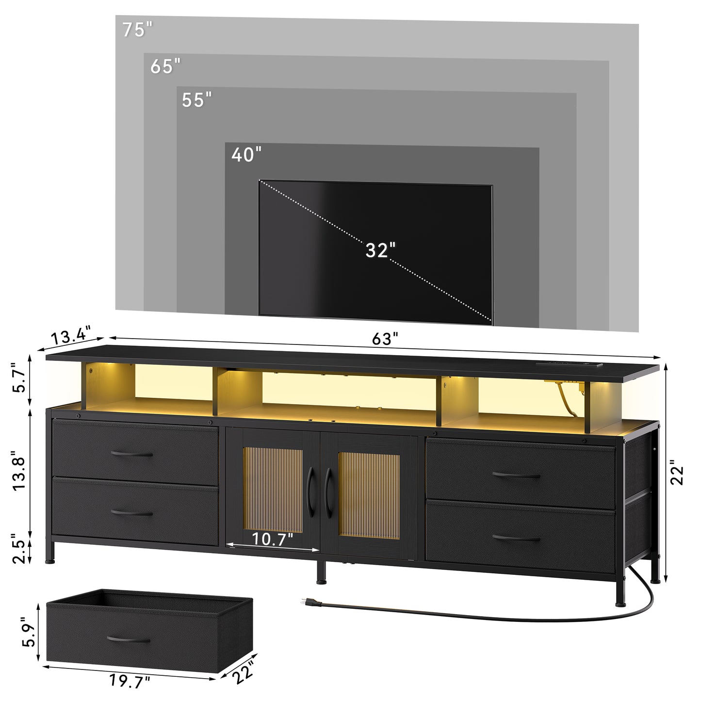 GUNAITO TV Stand for TV up to 75", Big TV Stand for Living Room Entertainment Center with LED Lights and Storage , Black