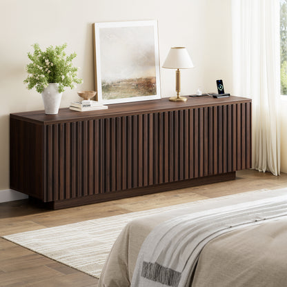 GUNAITO Fluted TV Stand for TVs up to 70", Home Entertainment Center with Storage for Living Room, Walnut