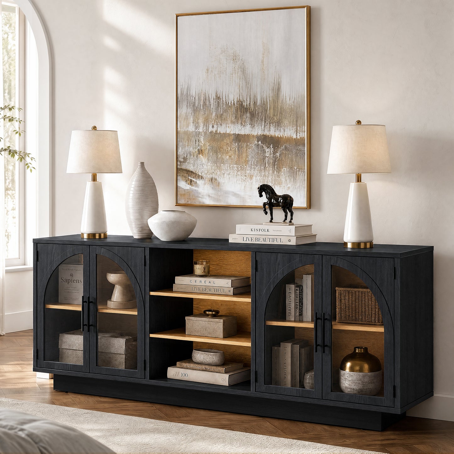 GUNAITO TV Stand for TVs up to 70", Modern entertainment center with storage functionality, Glass Door TV Stand for living room, Black