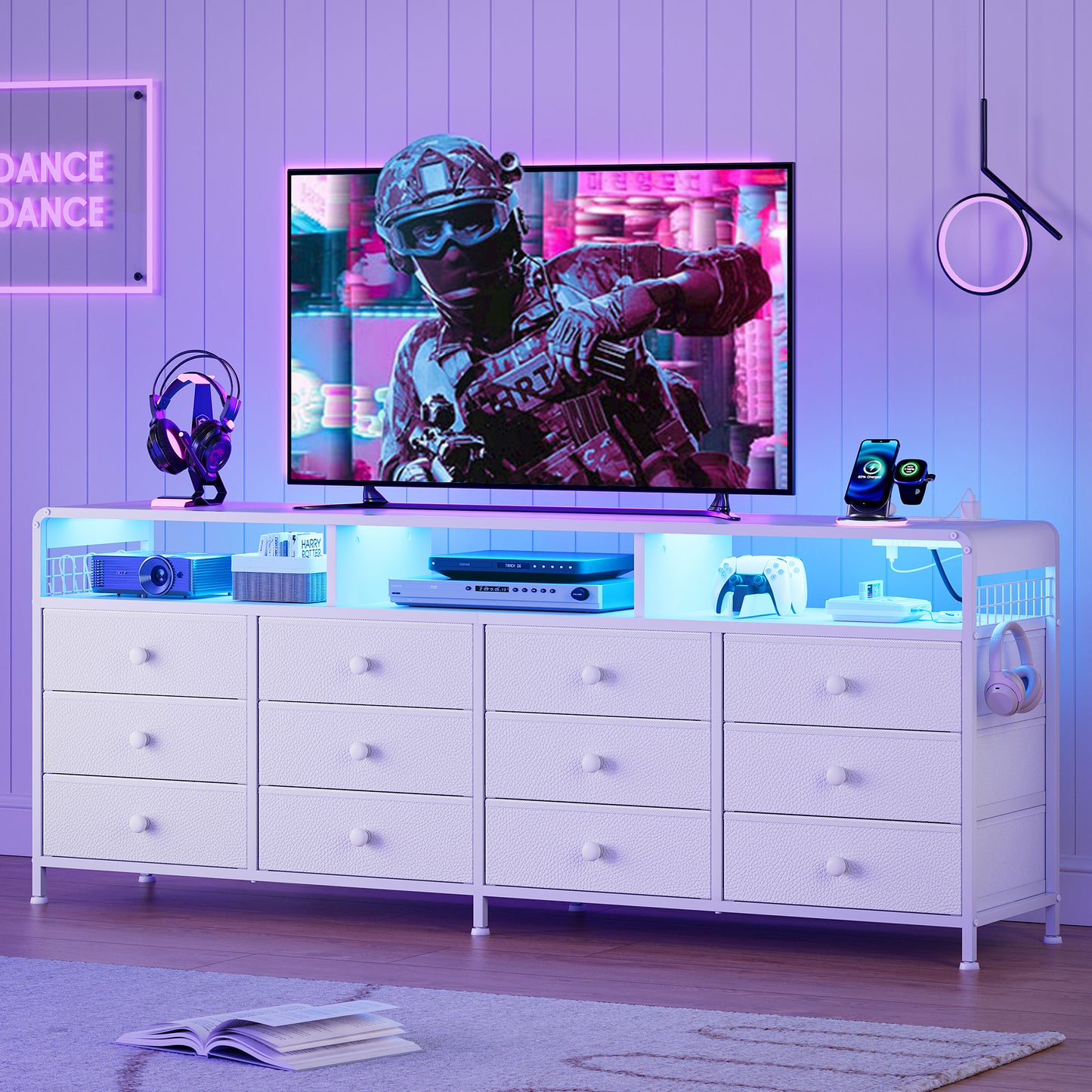 GUNAITO TV Stand for TVs up to 75", Big TV Stand with 12 Fabric Drawers and LED Lights, Entertainment Center with Storage and Shelves for Living Room, White