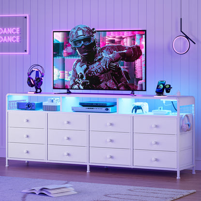 GUNAITO TV Stand for TVs up to 75", Big TV Stand with 12 Fabric Drawers and LED Lights, Entertainment Center with Storage and Shelves for Living Room, White